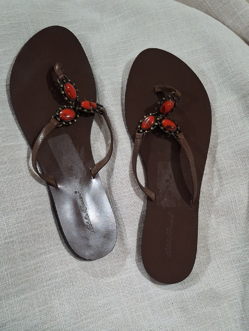 Eddie Bauer Brown Thong Sandals with Orange Gem Accents Size 9